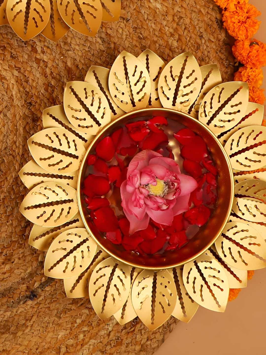 

THE HOME CO. Gold Toned Textured Aluminum Lotus Patta Urli Decorative Bowl