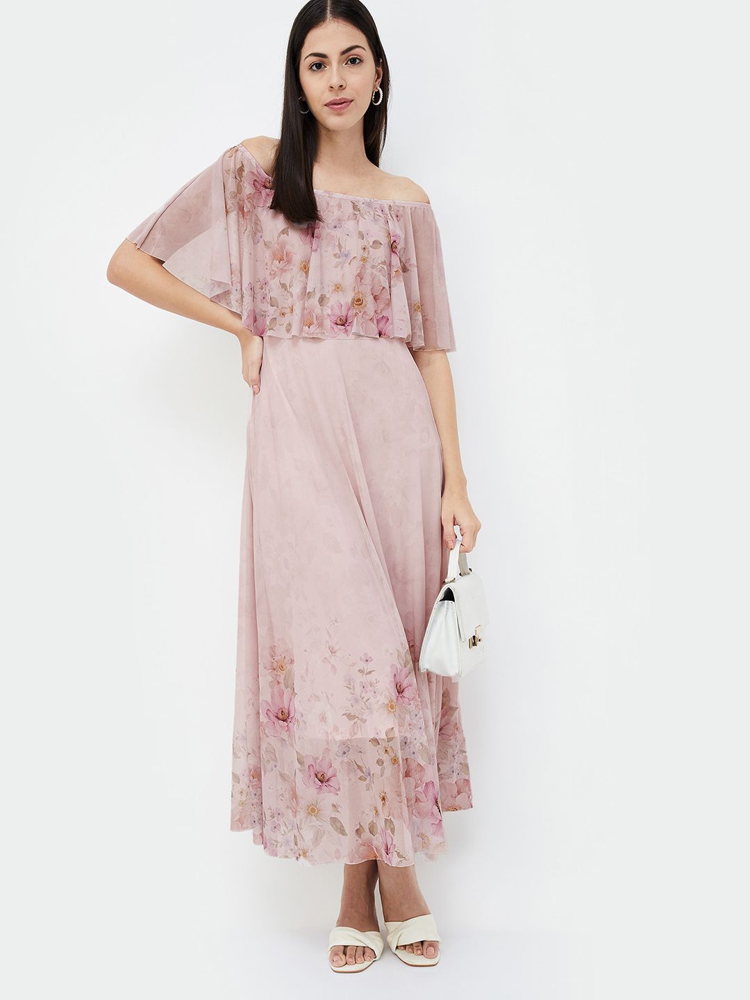 

CODE by Lifestyle Floral Printed Off-Shoulder Flared Sleeve Maxi Dress, Pink