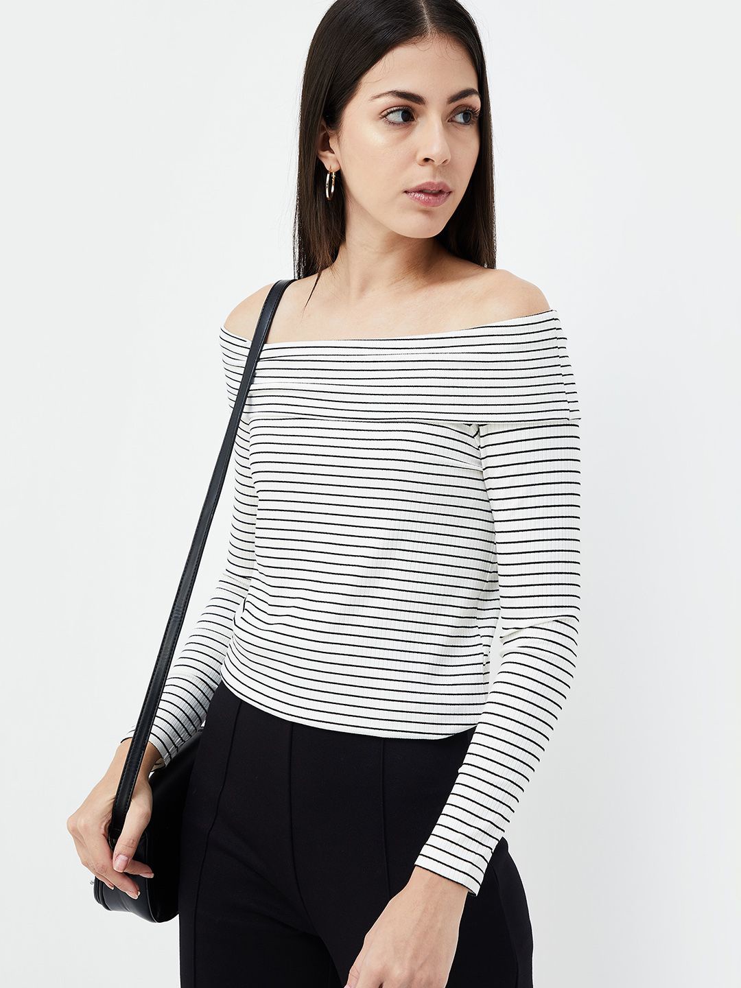 

CODE by Lifestyle Women Striped Off-Shoulder Bardot Top, White
