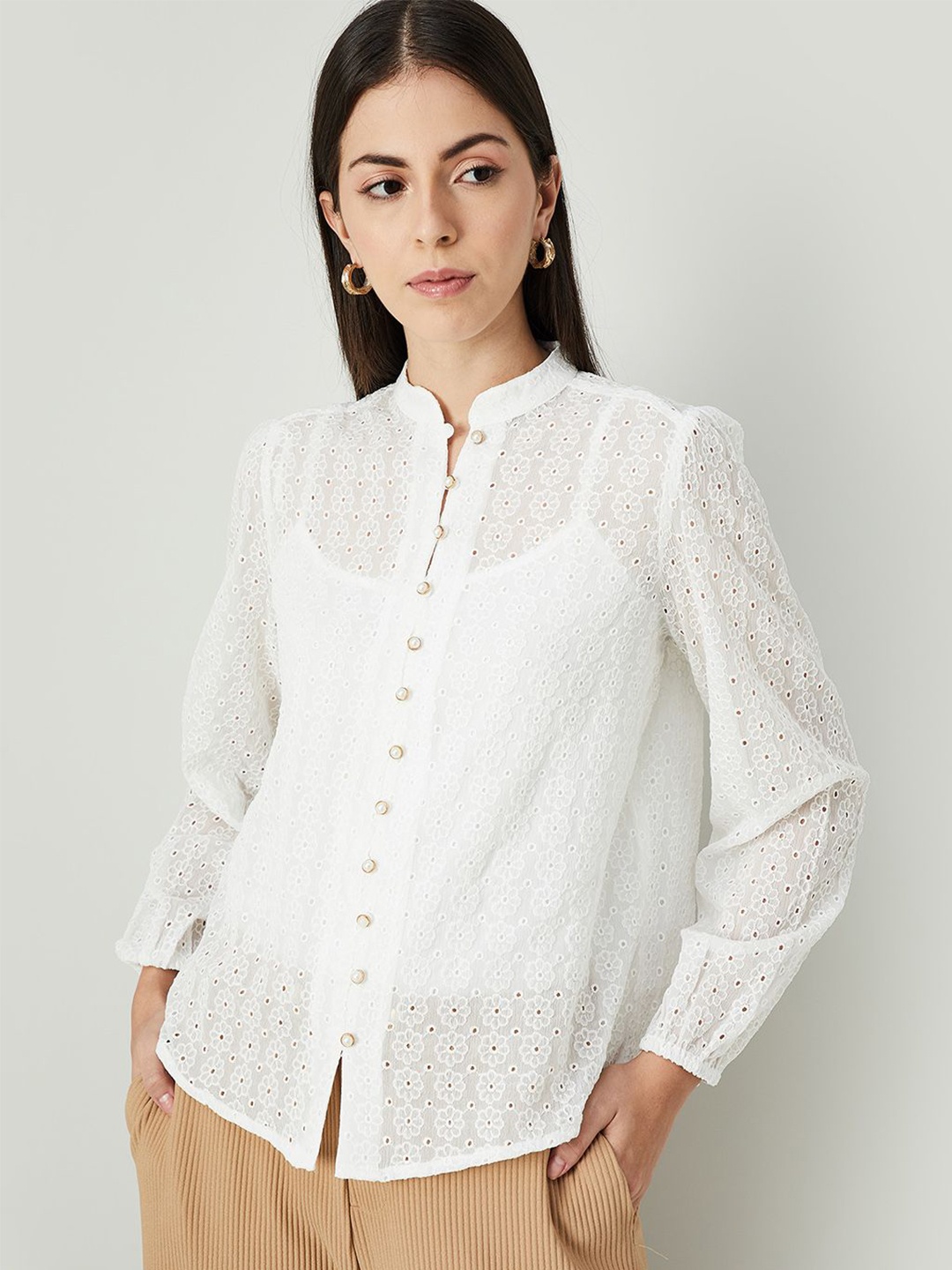

CODE by Lifestyle Women Mandarin Collar Shirt Style Top, Off white