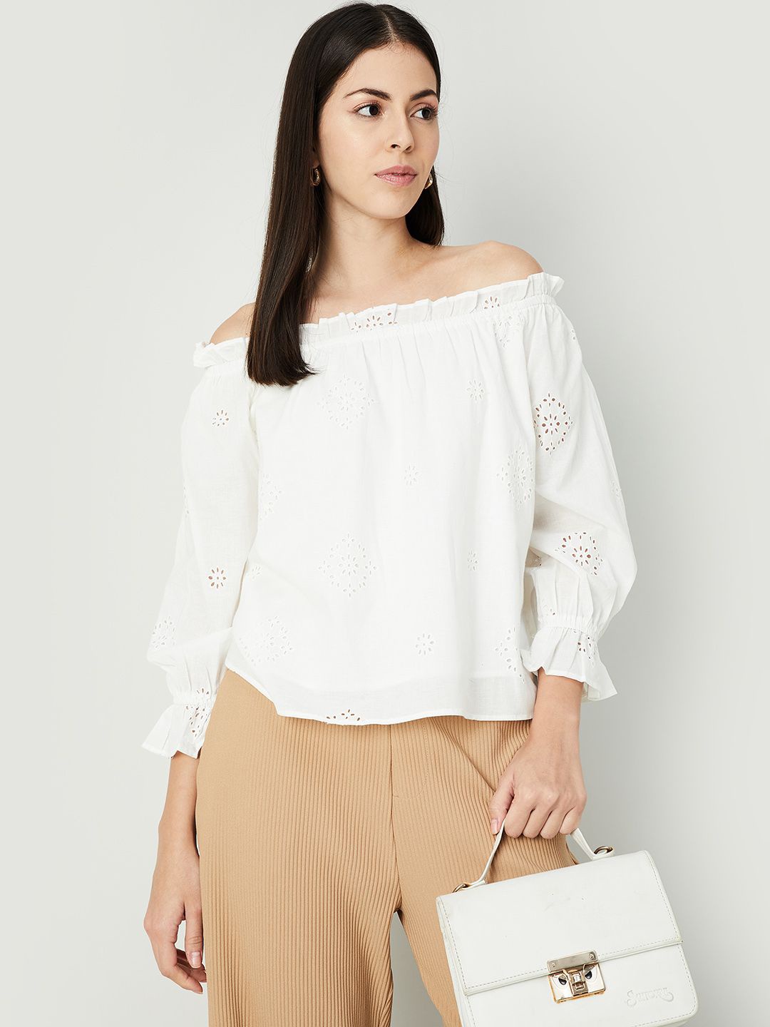 

CODE by Lifestyle Women Self Design Schiffli Cotton Bardot Top, Off white