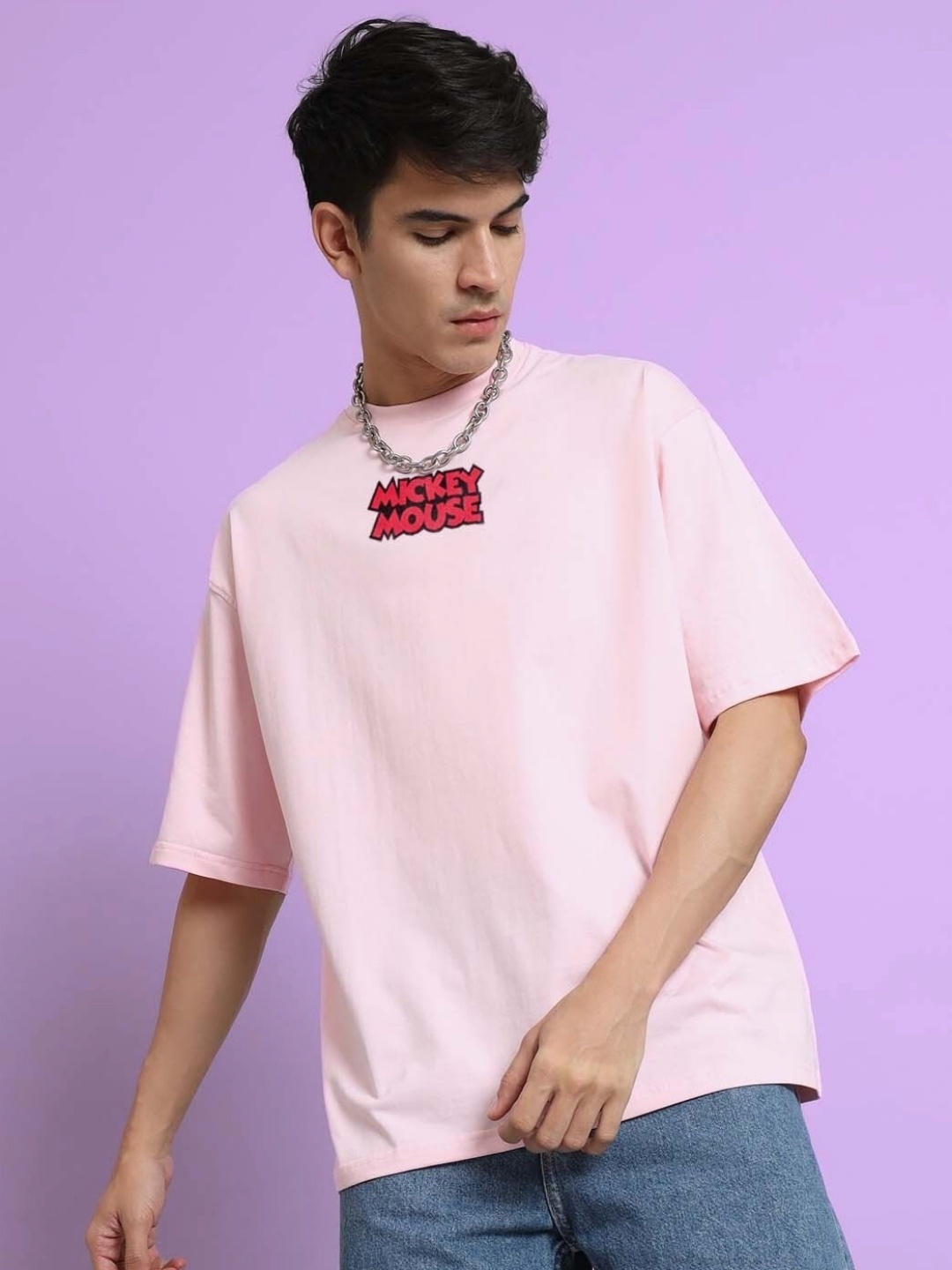 

WEARDUDS Men Graphic Printed Round Neck Cotton Oversized T-Shirt, Pink