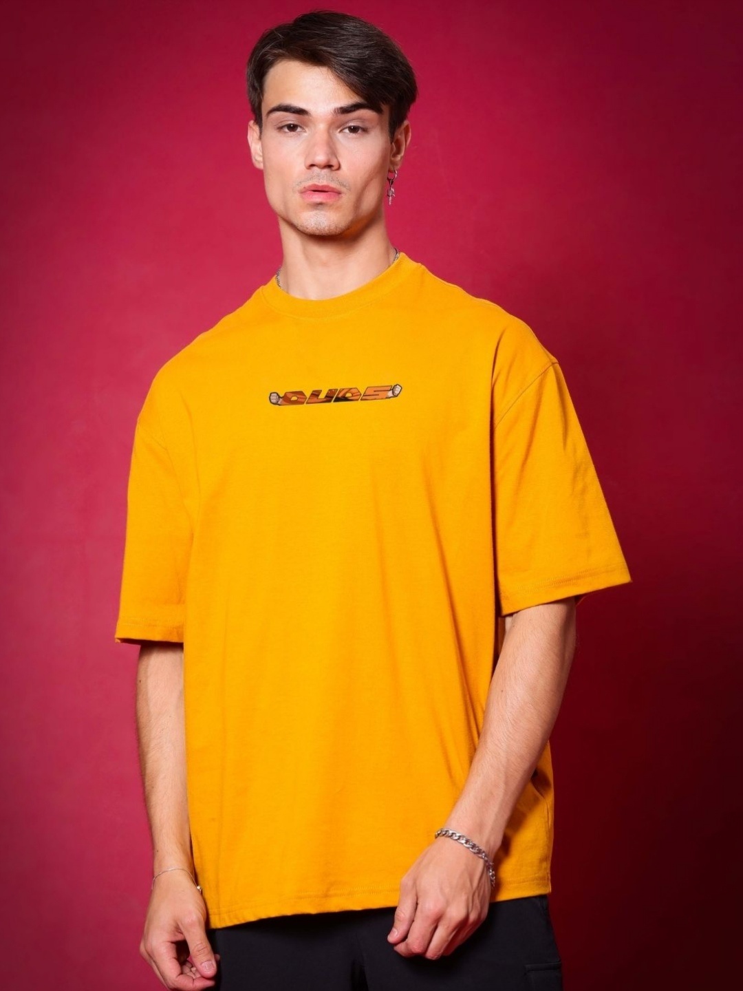 

WEARDUDS Men Graphic Printed Round Neck Cotton Oversized T-Shirt, Mustard