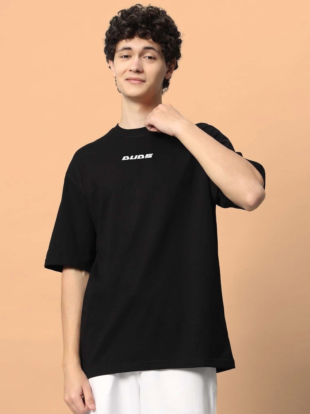 

WEARDUDS Men Graphic Printed Round Neck Cotton Oversized T-Shirt, Black