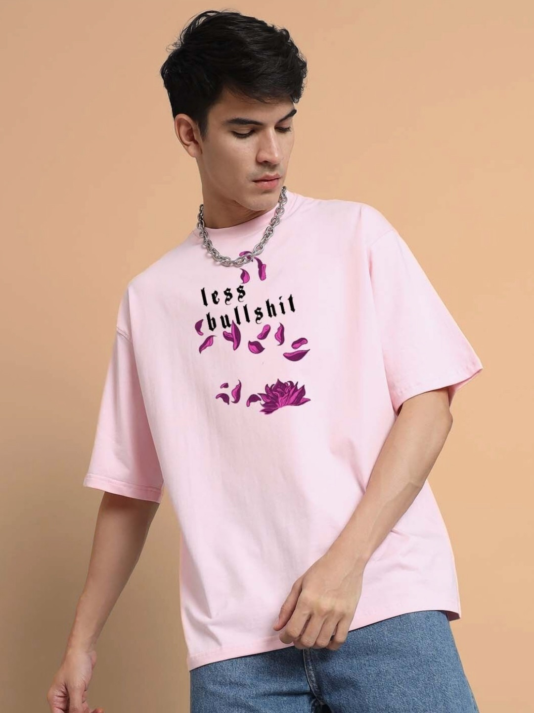 

WEARDUDS Men Graphic Printed Round Neck Cotton Oversized T-Shirt, Pink