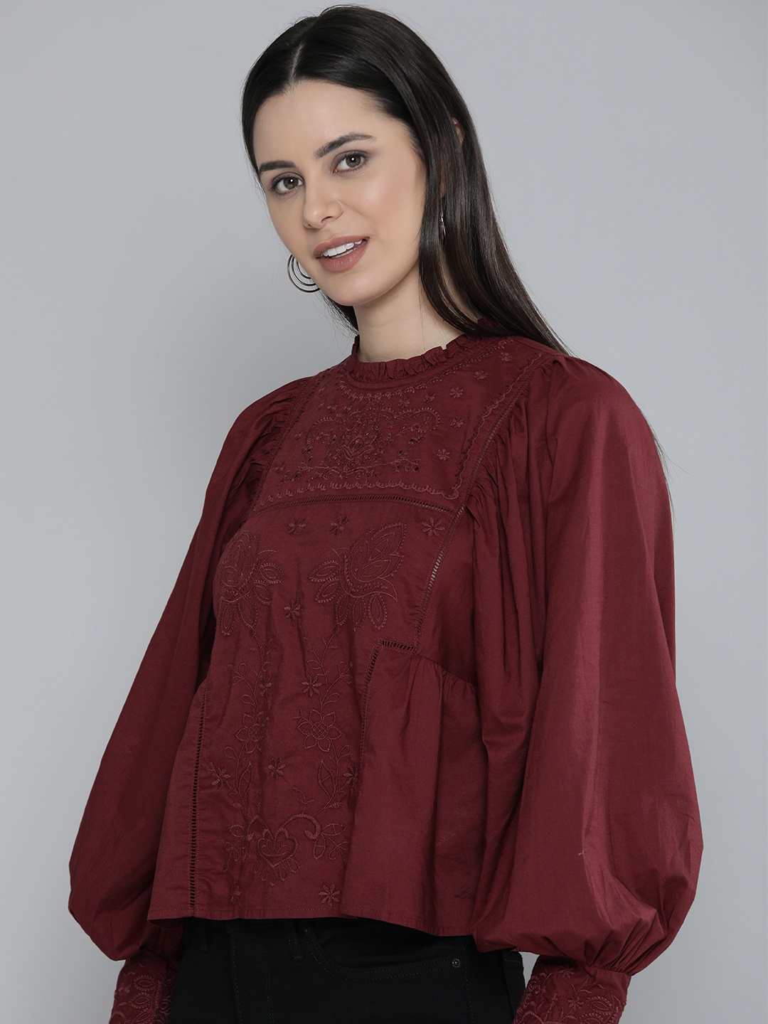 

Levis Floral Embroidered Cotton Top, Maroon