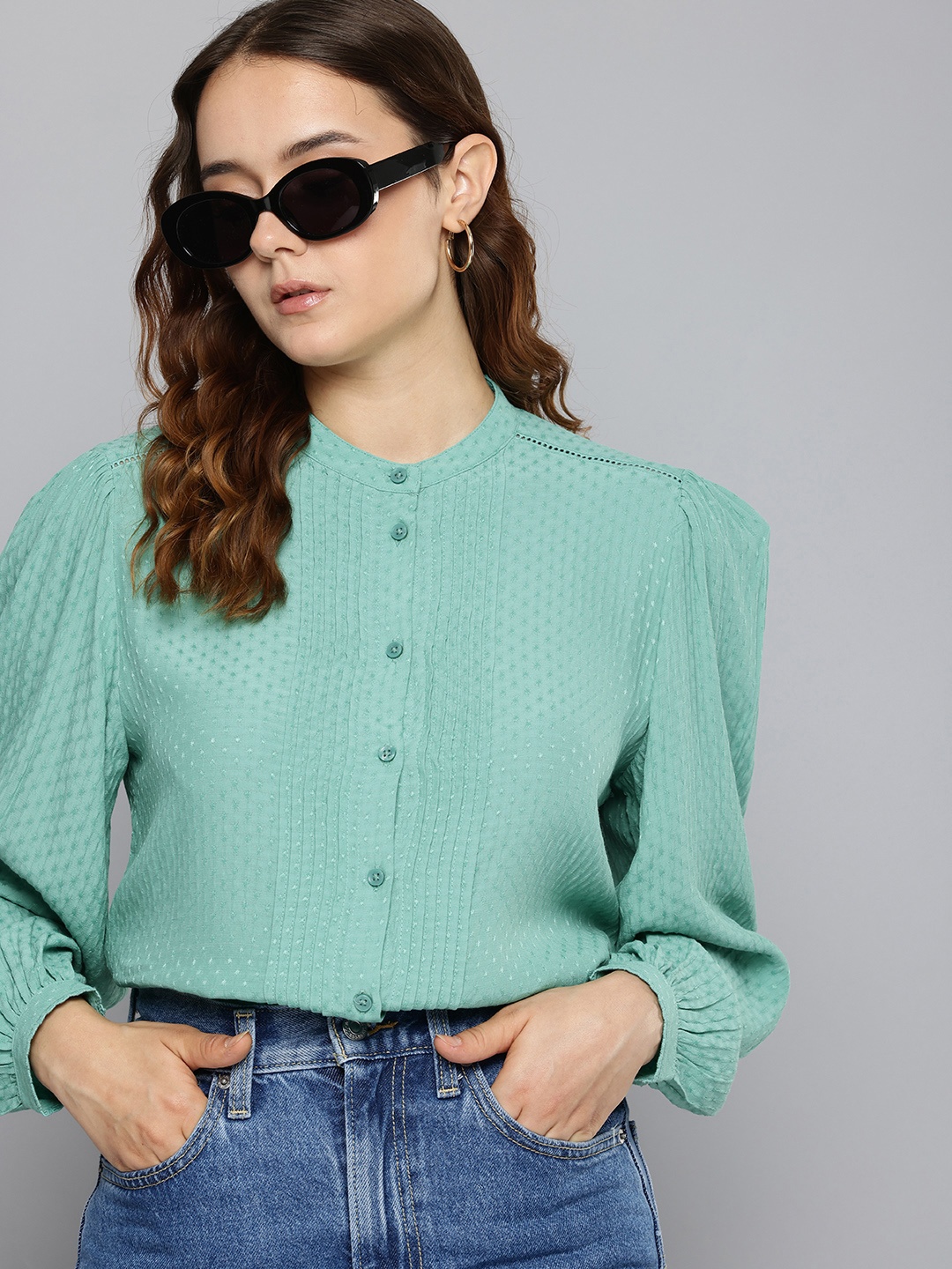 

Levis Band Collar Puff Sleeves Self-Design Textured Casual Shirt, Turquoise blue