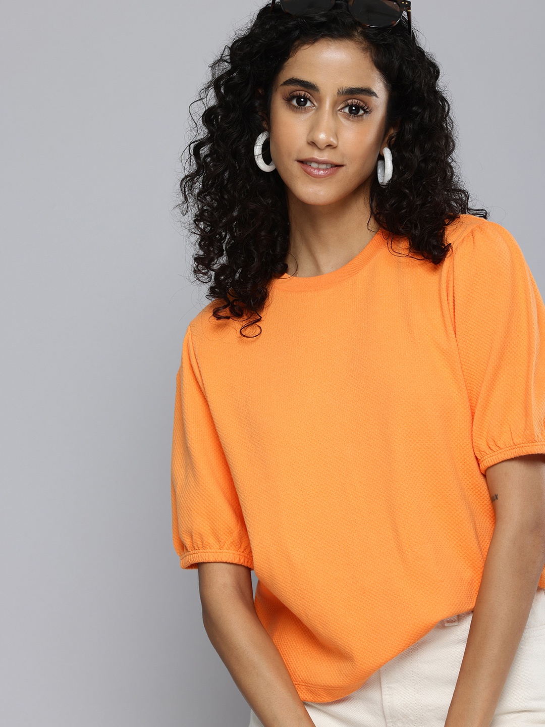 

Levis Pure Cotton Puff Sleeve Self-Design Textured Top, Orange