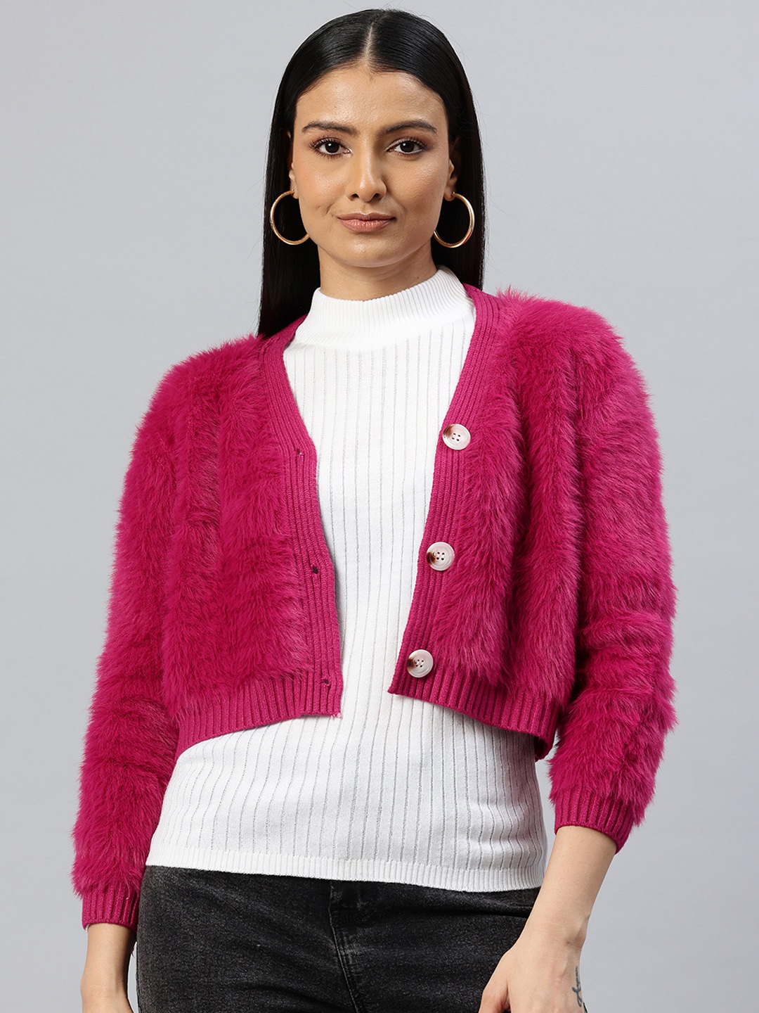 

Pierre Carlo Boucle Crop Cardigan, Fuchsia