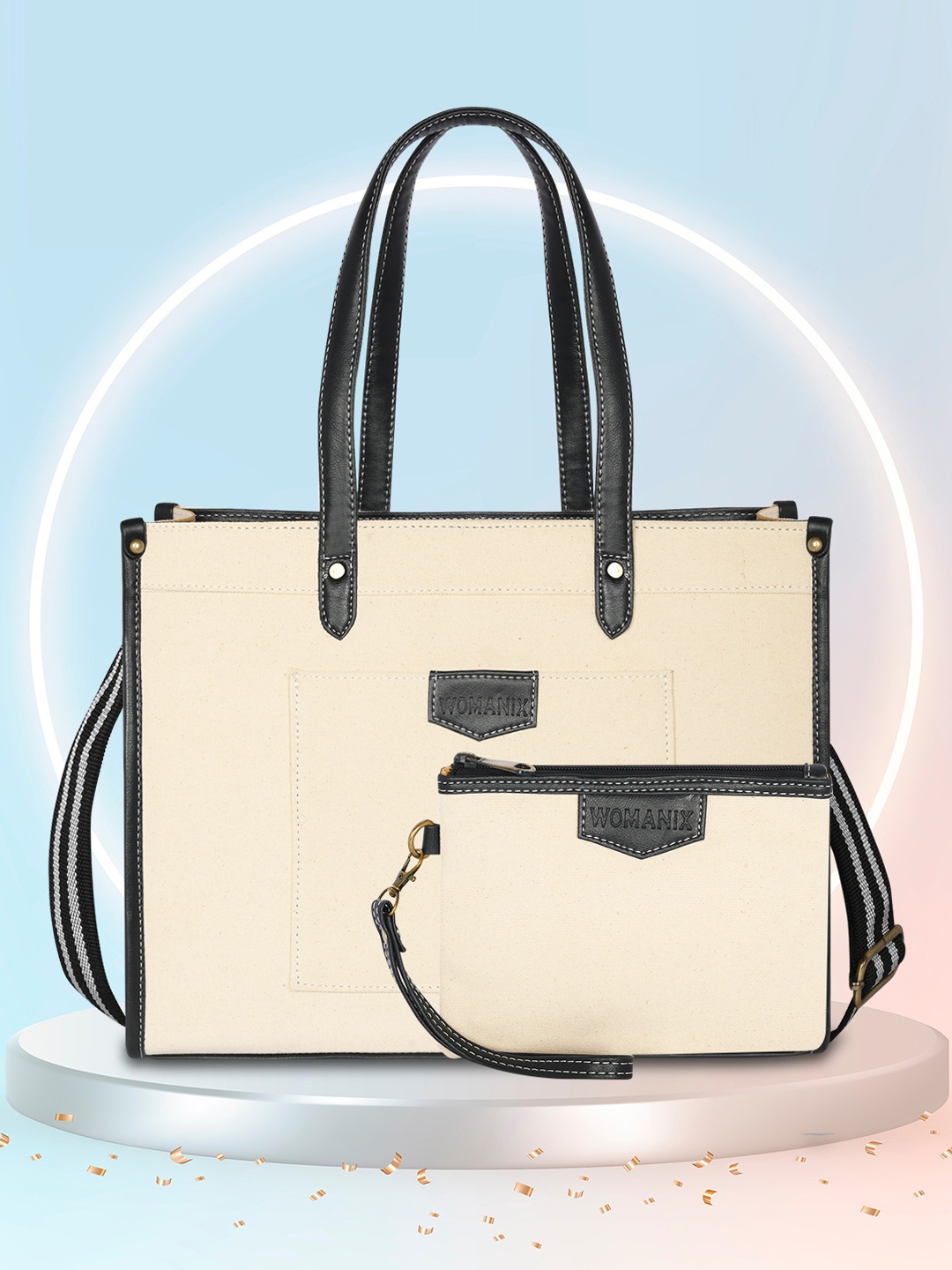 

Womanix Textured Shopper Handheld Bag with Applique, Beige