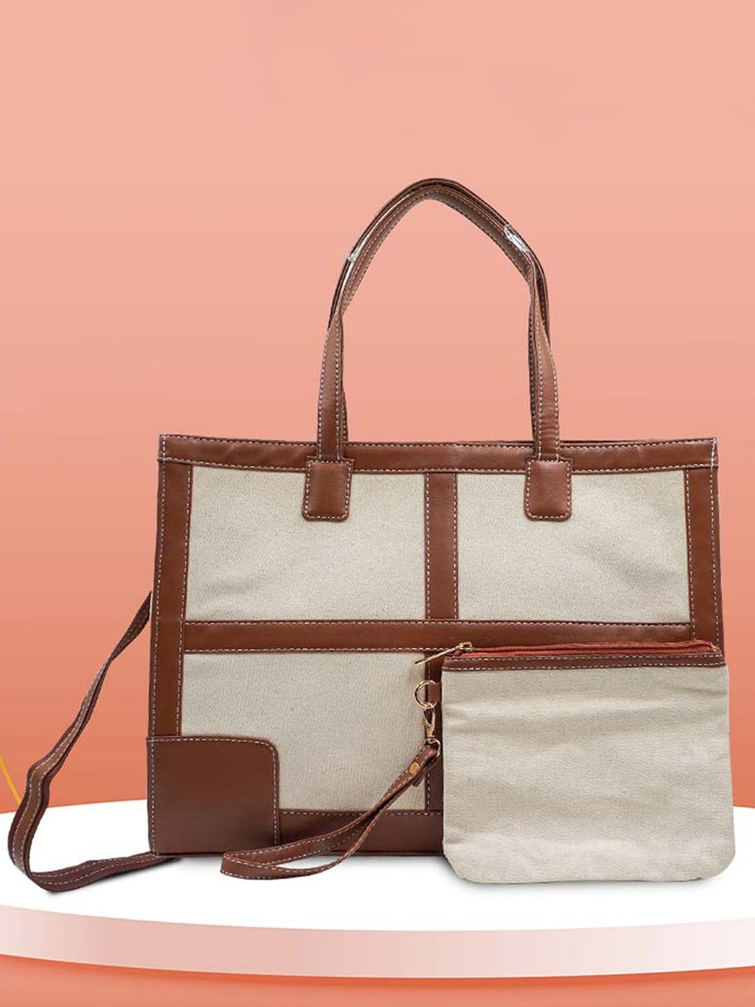 

Womanix Colourblocked Bowling Handheld Bag with Applique, Beige