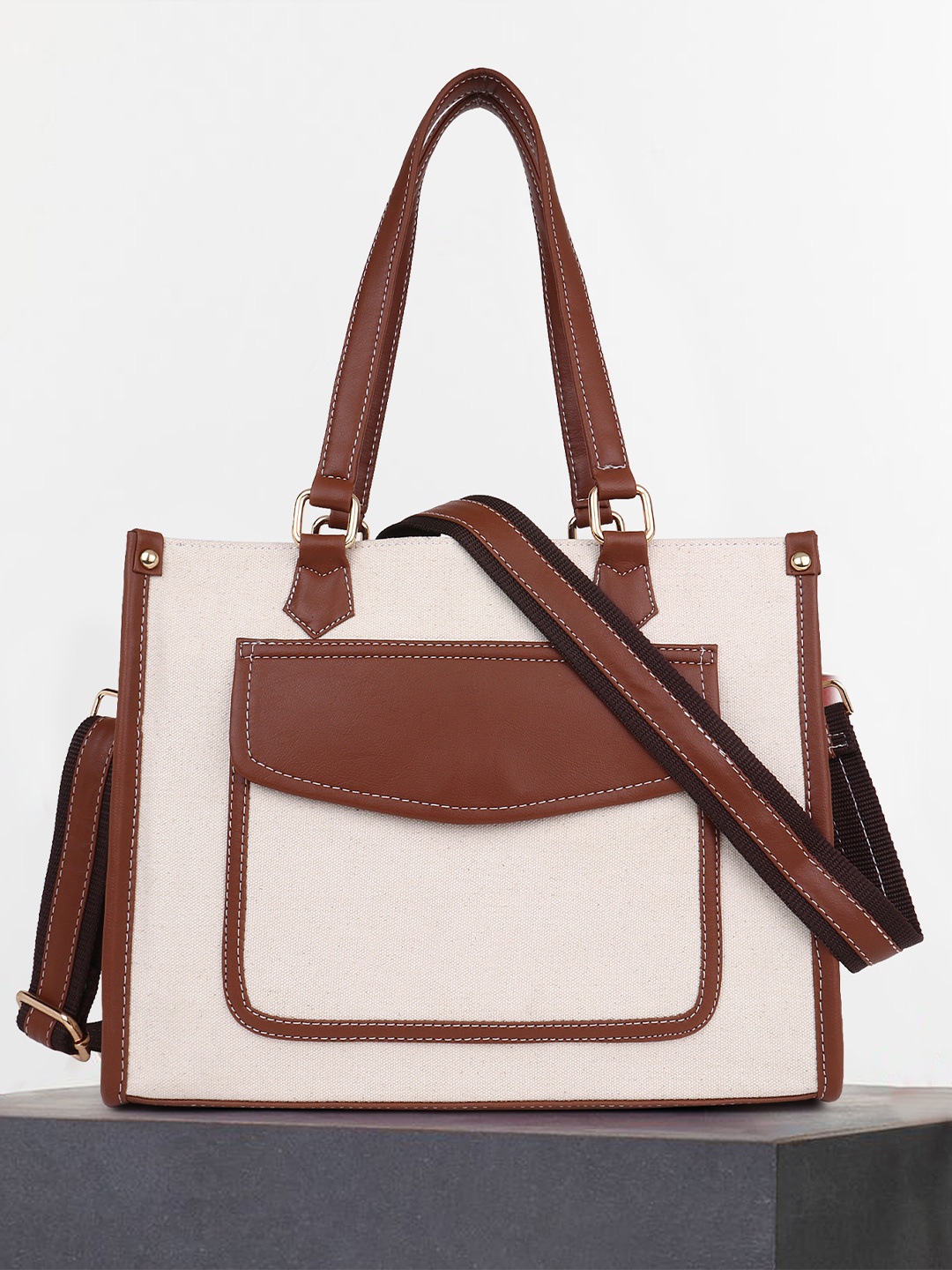 

Womanix Women Colourblocked Structured Handheld Bag, Beige