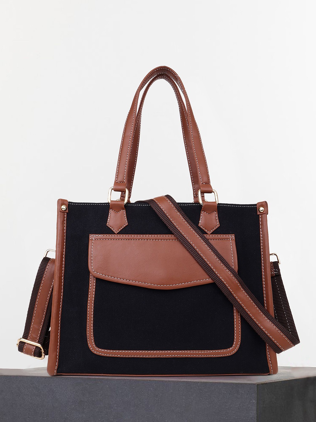 

Womanix Colourblocked Oversized Swagger Handheld Bag with Fringed, Black