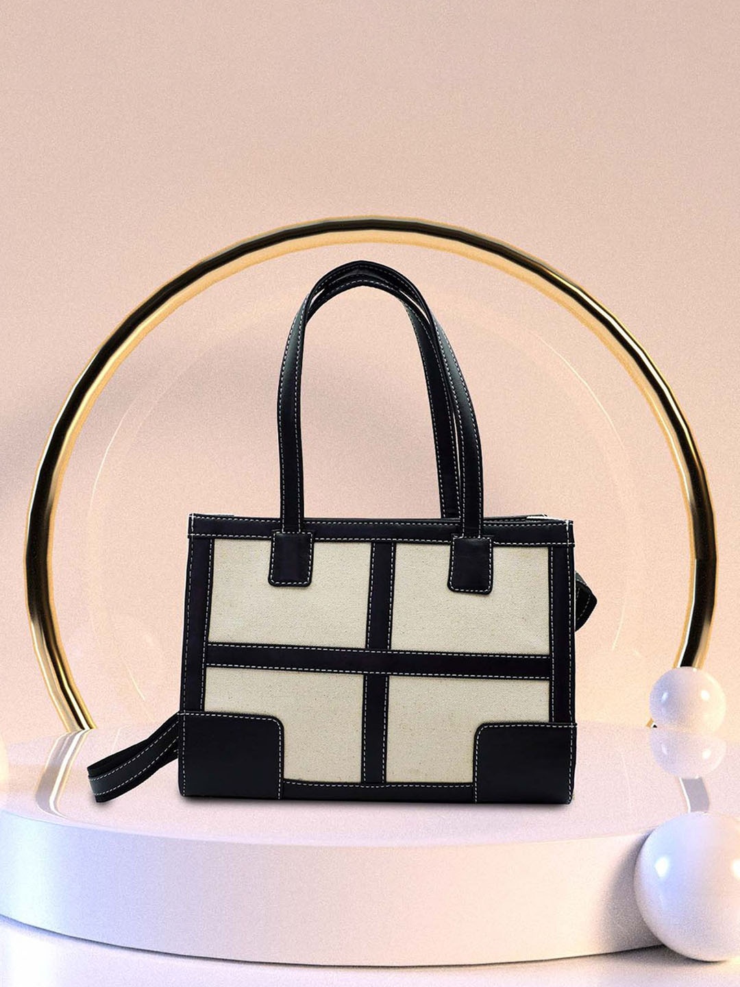 

Womanix Colourblocked Oversized Structured Satchel with Applique, Beige