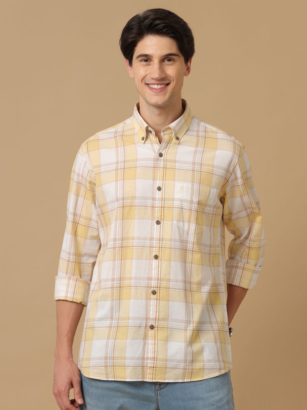

CAVALLO by Linen Club Men Tartan Checks Opaque Contemporary Slim Fit Checked Casual Shirt, Yellow