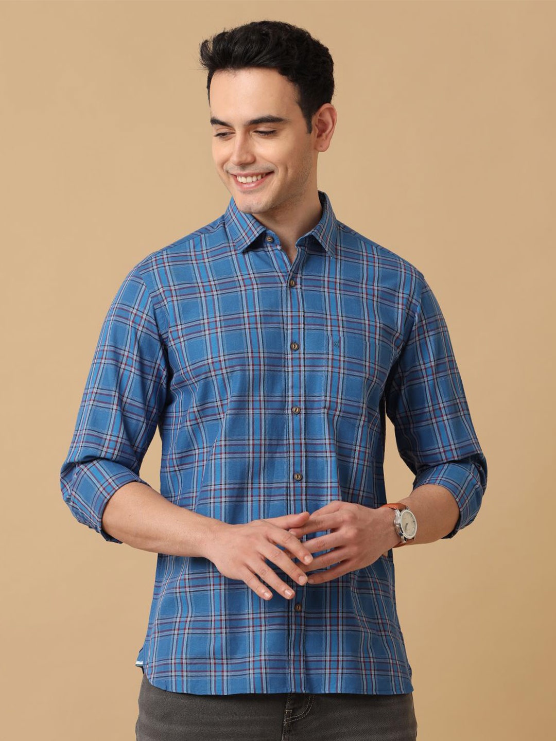 

CAVALLO by Linen Club Men Contemporary Slim Fit Opaque Checked Casual Shirt, Blue