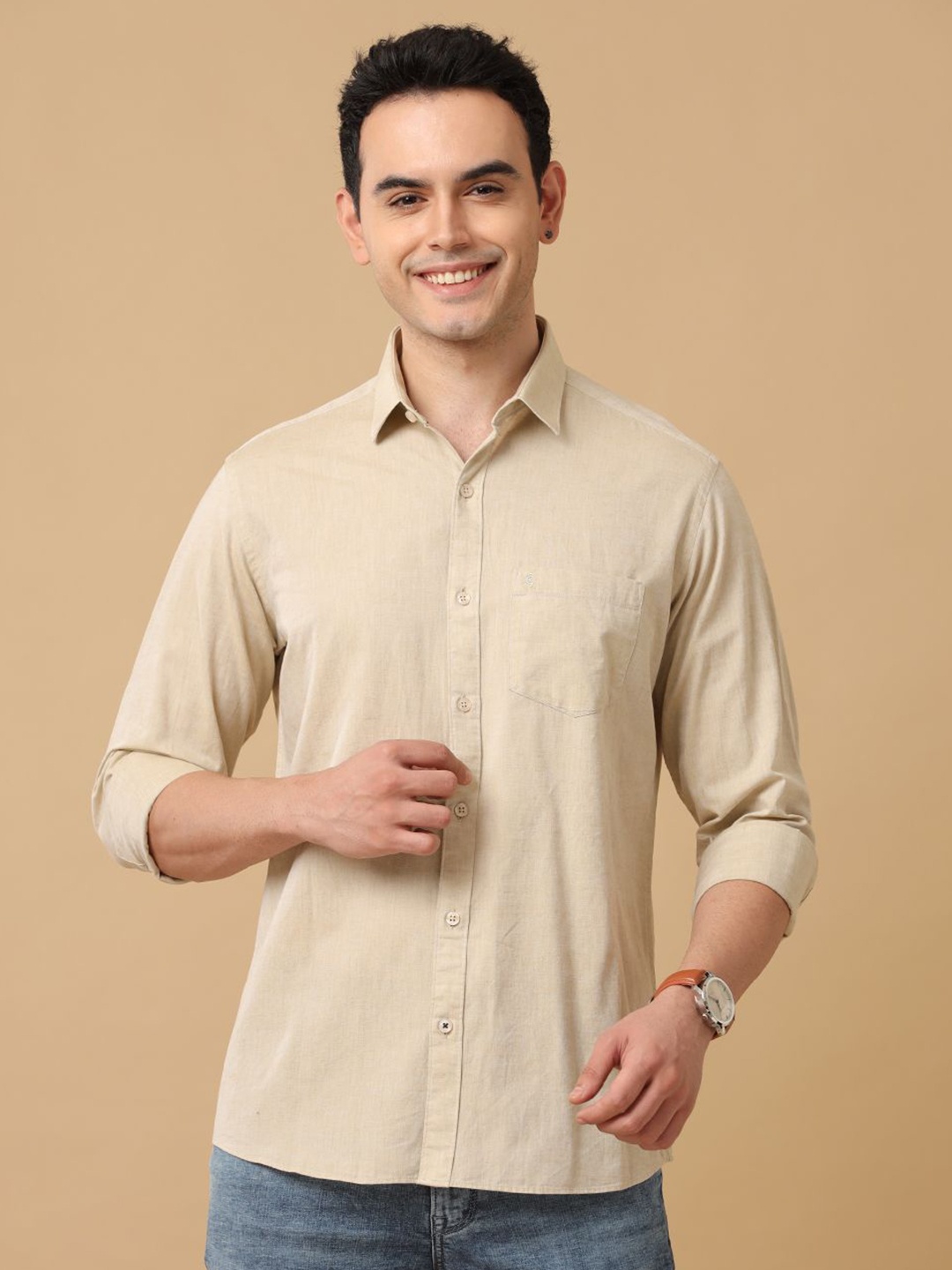 

CAVALLO by Linen Club Men Contemporary Slim Fit Opaque Casual Shirt, Beige