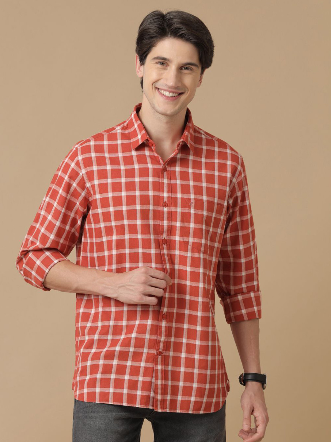 

CAVALLO by Linen Club Men Contemporary Slim Fit Tartan Checks Opaque Casual Shirt, Orange