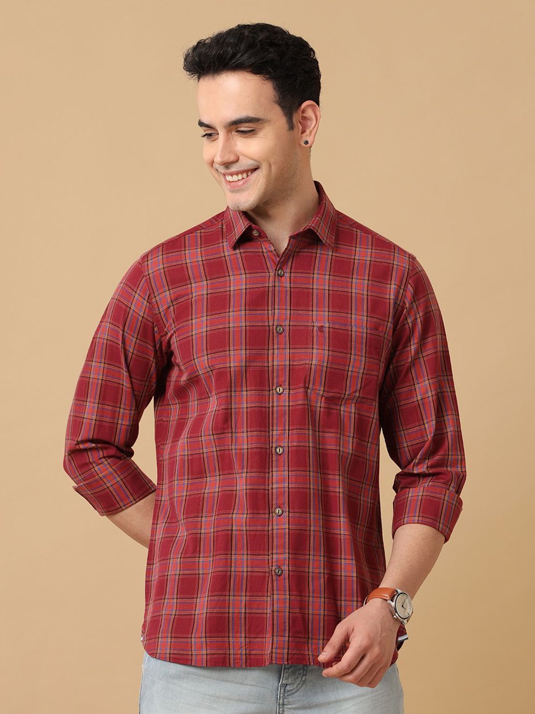 

CAVALLO by Linen Club Men Contemporary Slim Fit Tartan Checks Opaque Checked Casual Shirt, Maroon