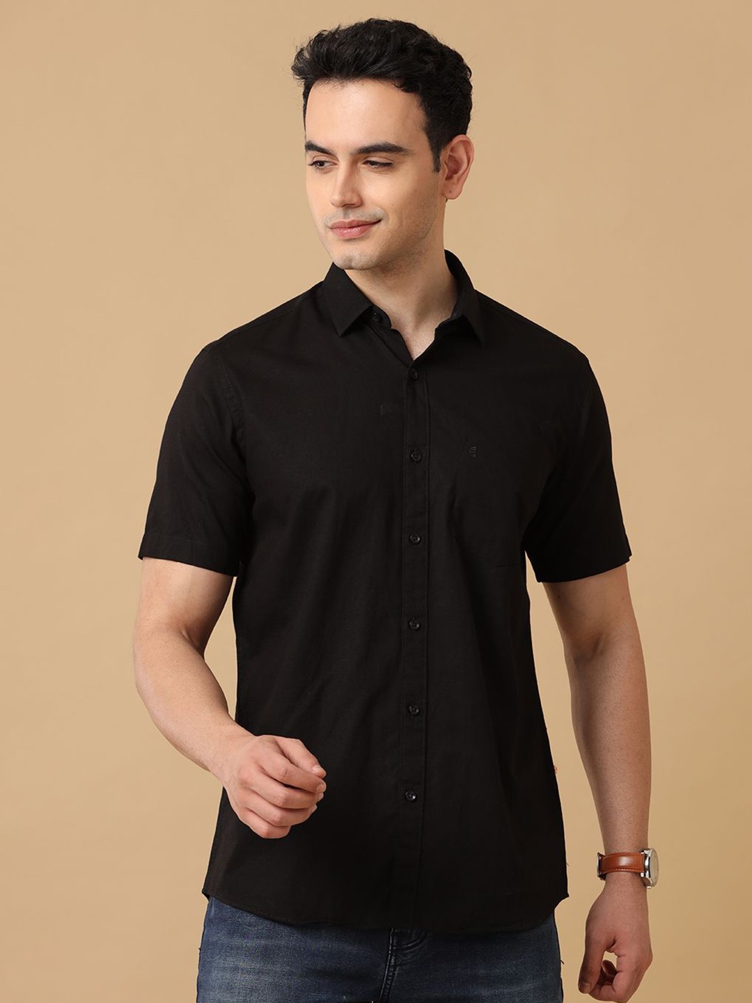 

CAVALLO by Linen Club Men Solid Contemporary Slim Fit Opaque Casual Shirt, Black