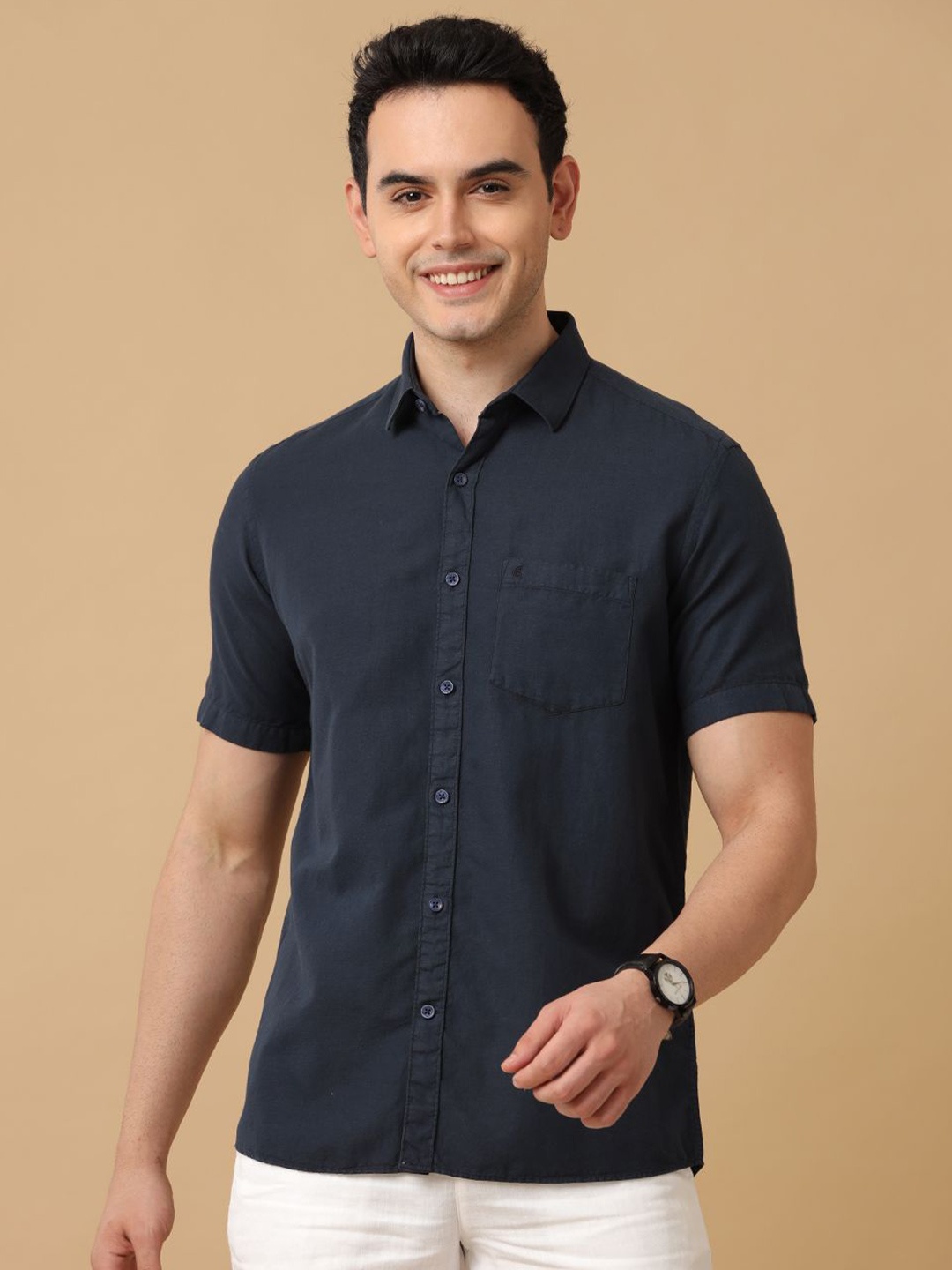 

CAVALLO by Linen Club Men Contemporary Slim Fit Opaque Casual Shirt, Navy blue