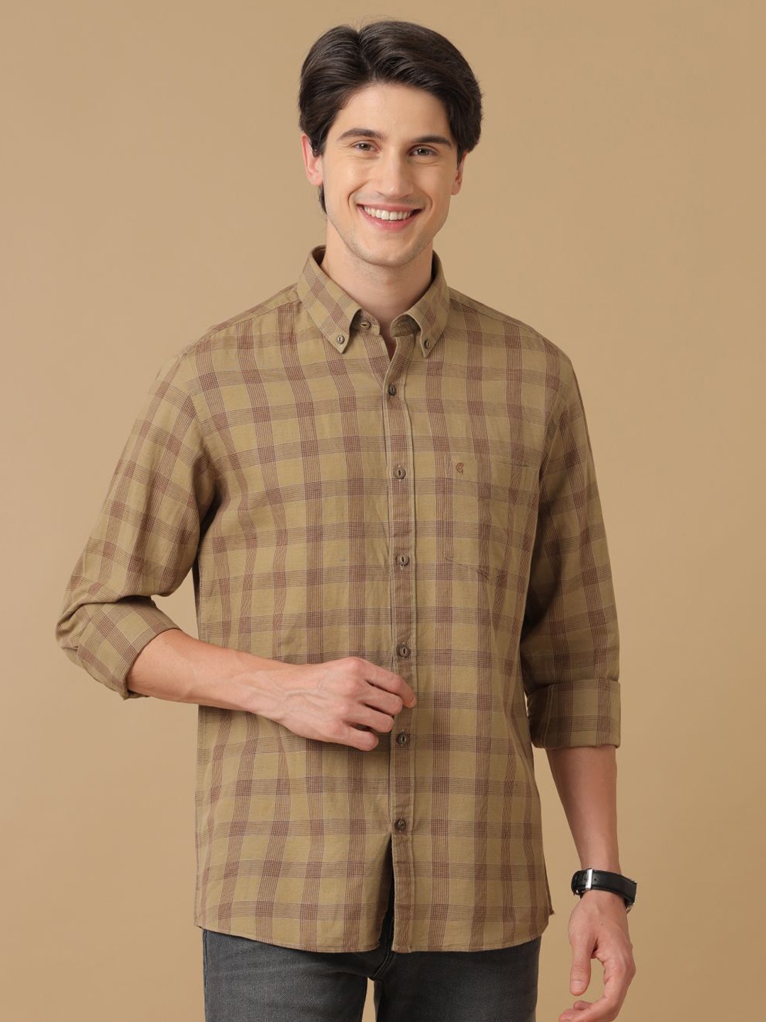 

CAVALLO by Linen Club Men Tartan Checks Checked Contemporary Slim Fit Opaque Casual Shirt, Brown