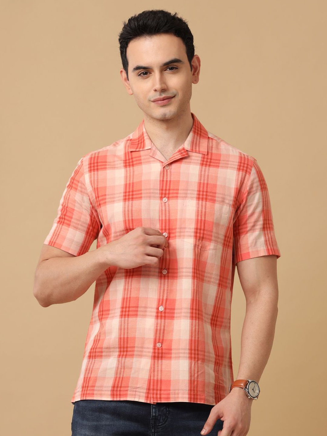 

CAVALLO by Linen Club Men Other Checks Checked Contemporary Slim Fit Opaque Casual Shirt, Orange