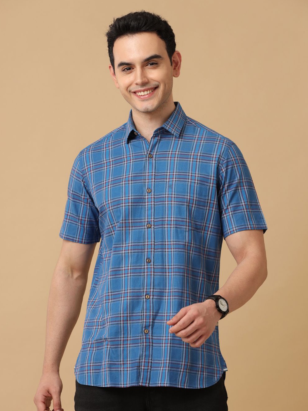 

CAVALLO by Linen Club Men Other Checks Checked Contemporary Slim Fit Opaque Casual Shirt, Blue