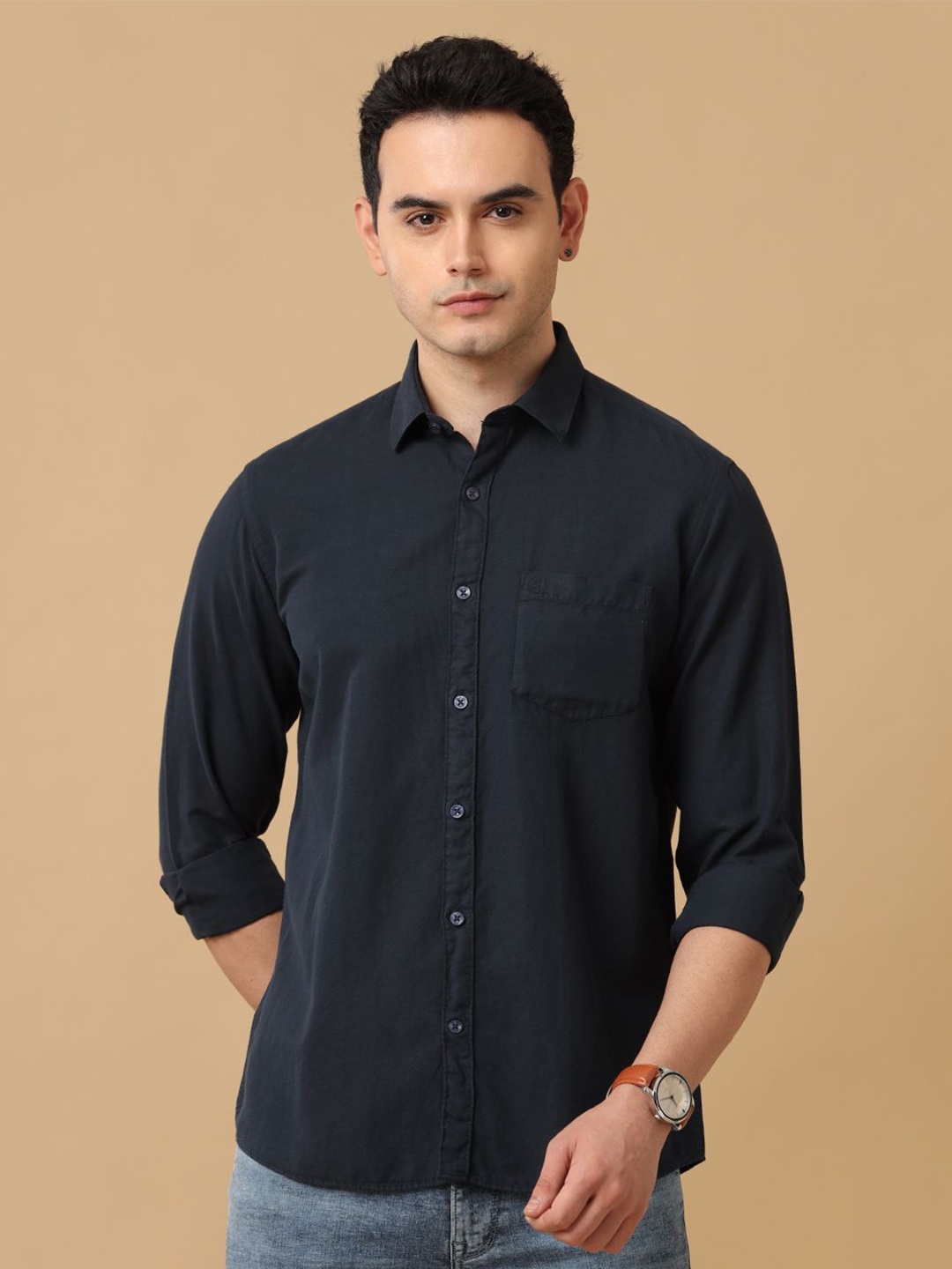 

CAVALLO by Linen Club Men Contemporary Slim Fit Opaque Casual Shirt, Navy blue