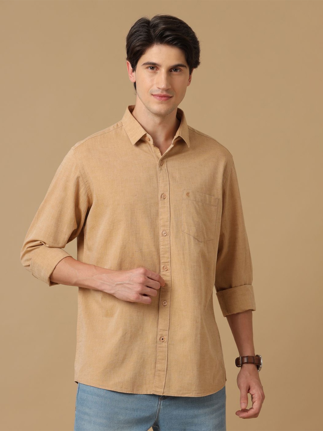 

CAVALLO by Linen Club Men Contemporary Slim Fit Opaque Casual Shirt, Beige