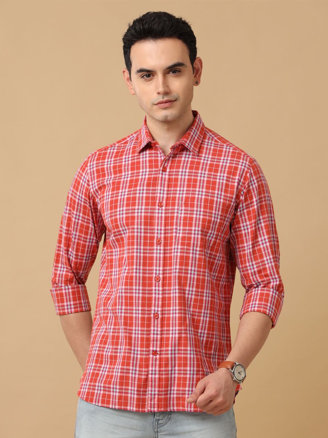 

CAVALLO by Linen Club Men Contemporary Slim Fit Tartan Checks Opaque Checked Casual Shirt, Orange