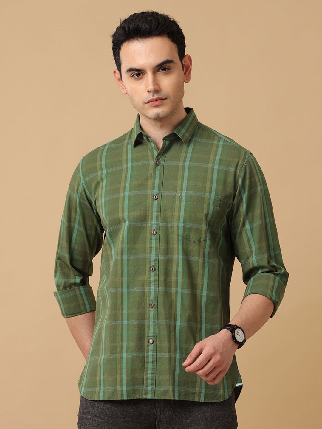 

CAVALLO by Linen Club Men Contemporary Slim Fit Tartan Checks Opaque Checked Casual Shirt, Green