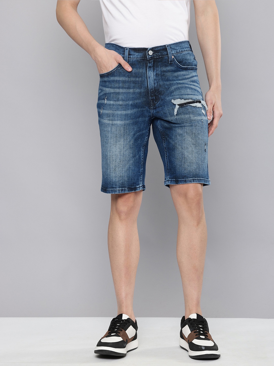 

Levis Men Slim Tapered Fit Ripped Denim Shorts, Blue