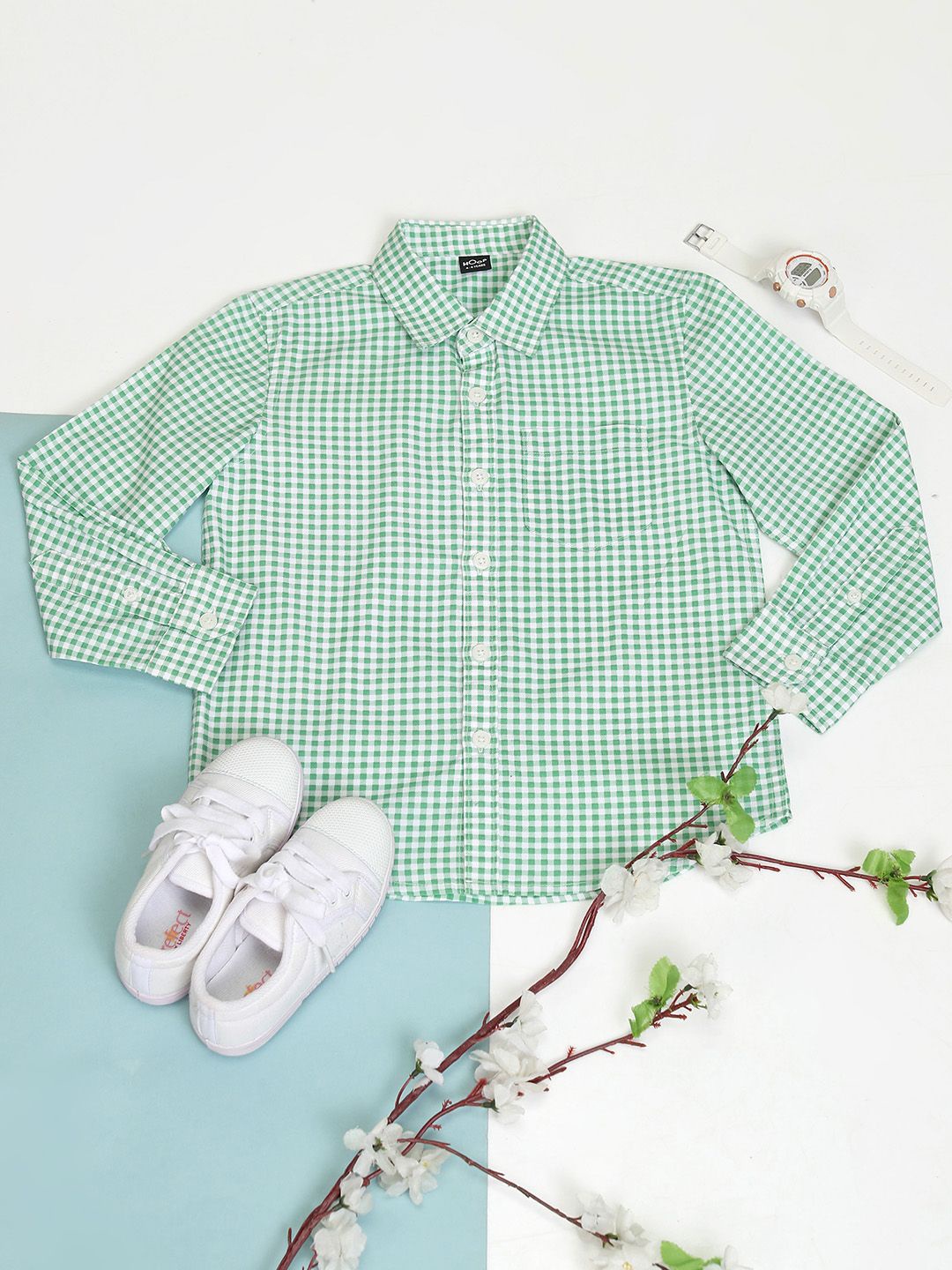 

Hoop Boys Gingham Checks Opaque Checked Casual Shirt, Green