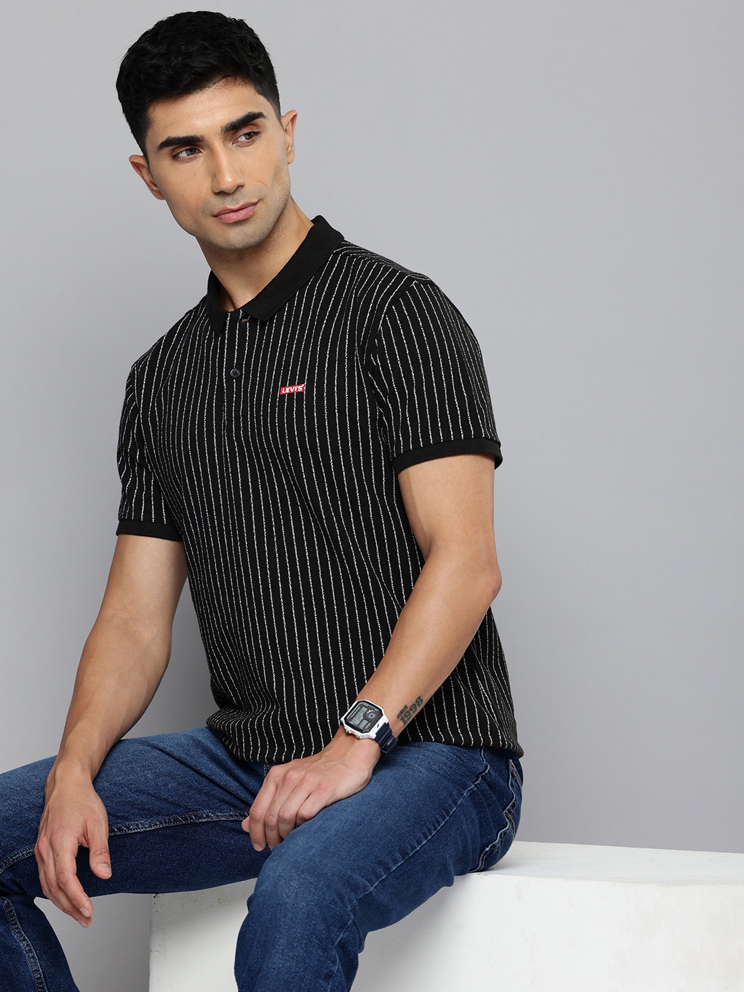 

Levis Striped Polo Collar Pure Cotton T-shirt, Black