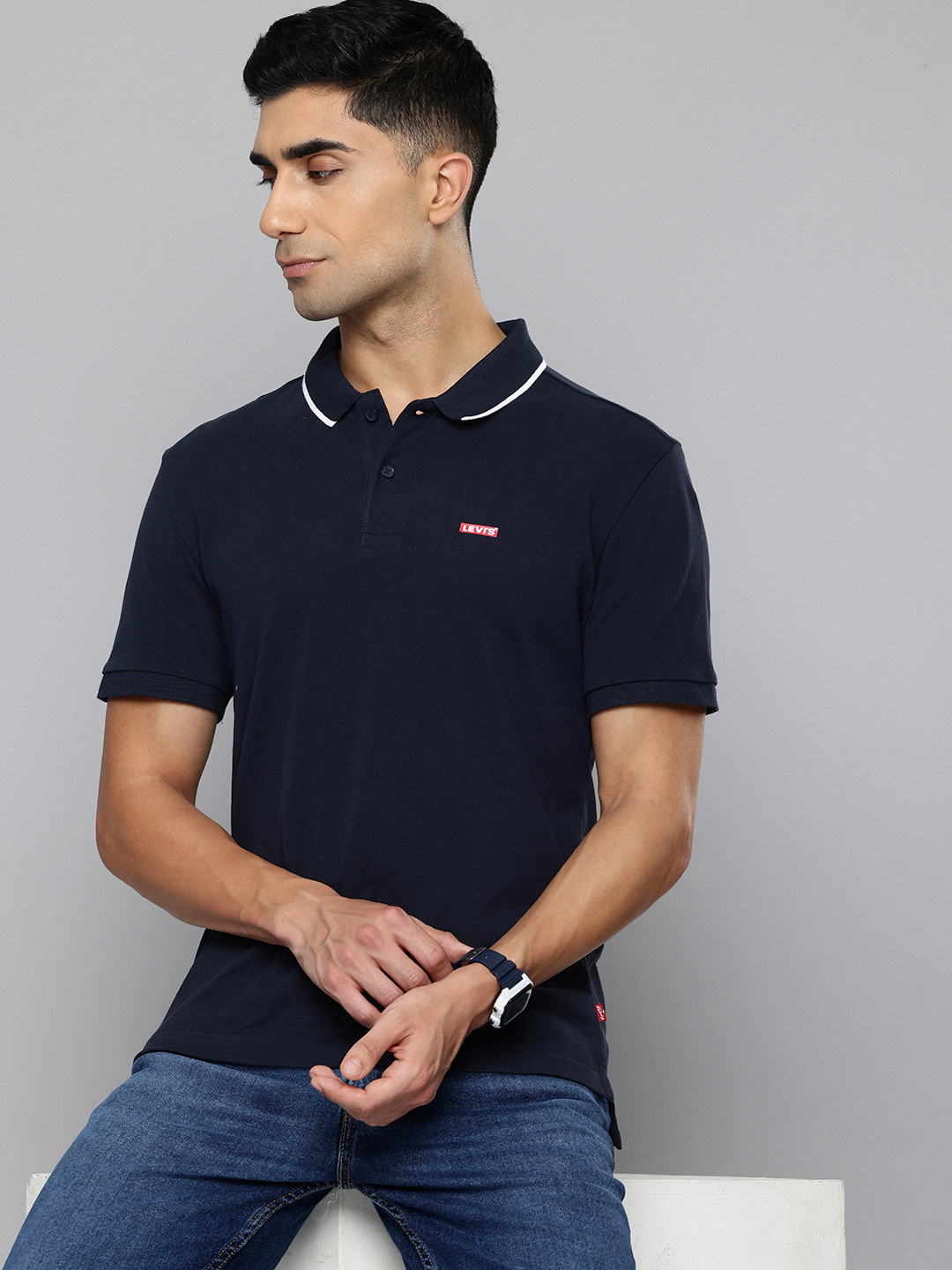 

Levis Pure Cotton Polo Collar T-shirt, Navy blue
