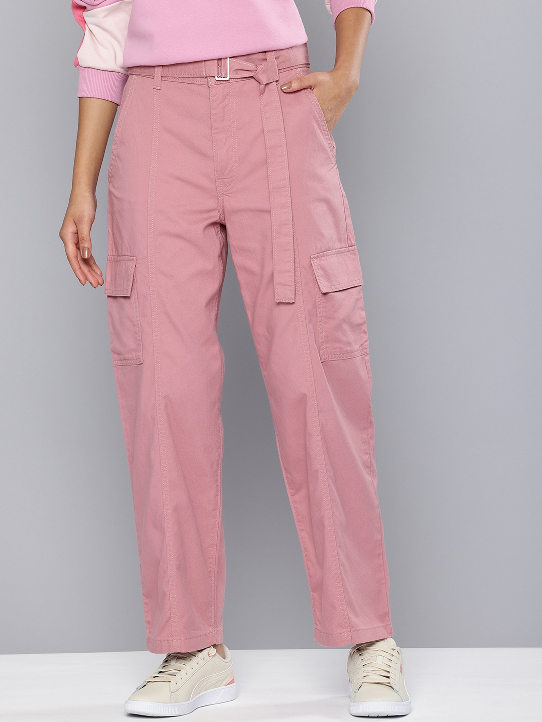 

Levis Women Tapered Fit Cargo Chinos Trousers With Belt, Pink