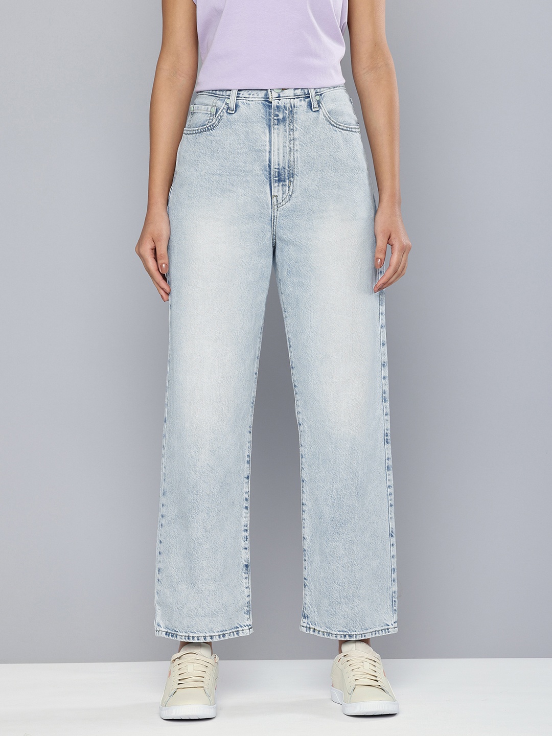 

Levis Women Pure Cotton High Rise Ribcage Straight Heavy Fade Jeans, Blue