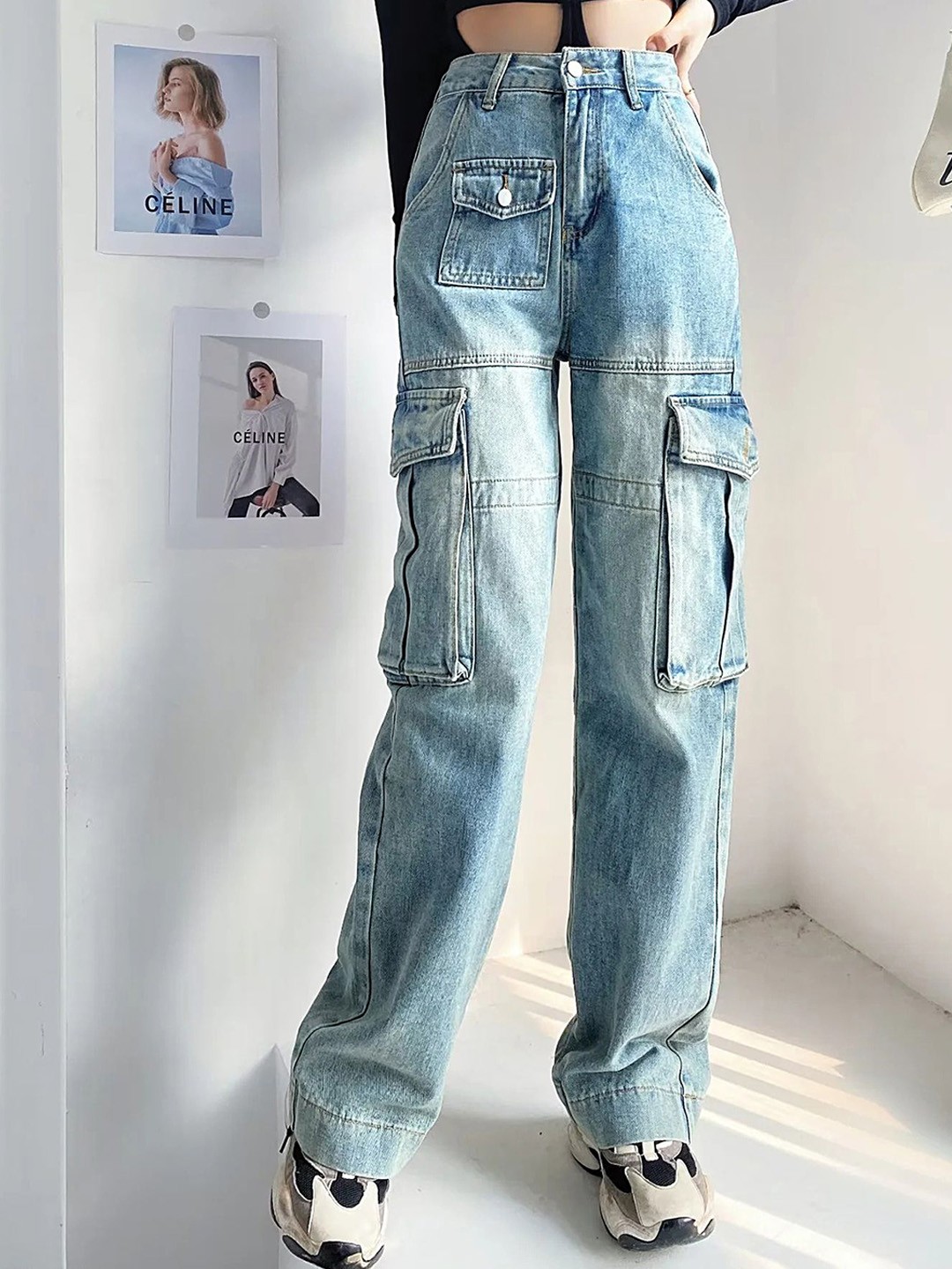

LULU & SKY Women Straight Fit High-Rise Low Distress Heavy Fade Cargo Jeans, Blue
