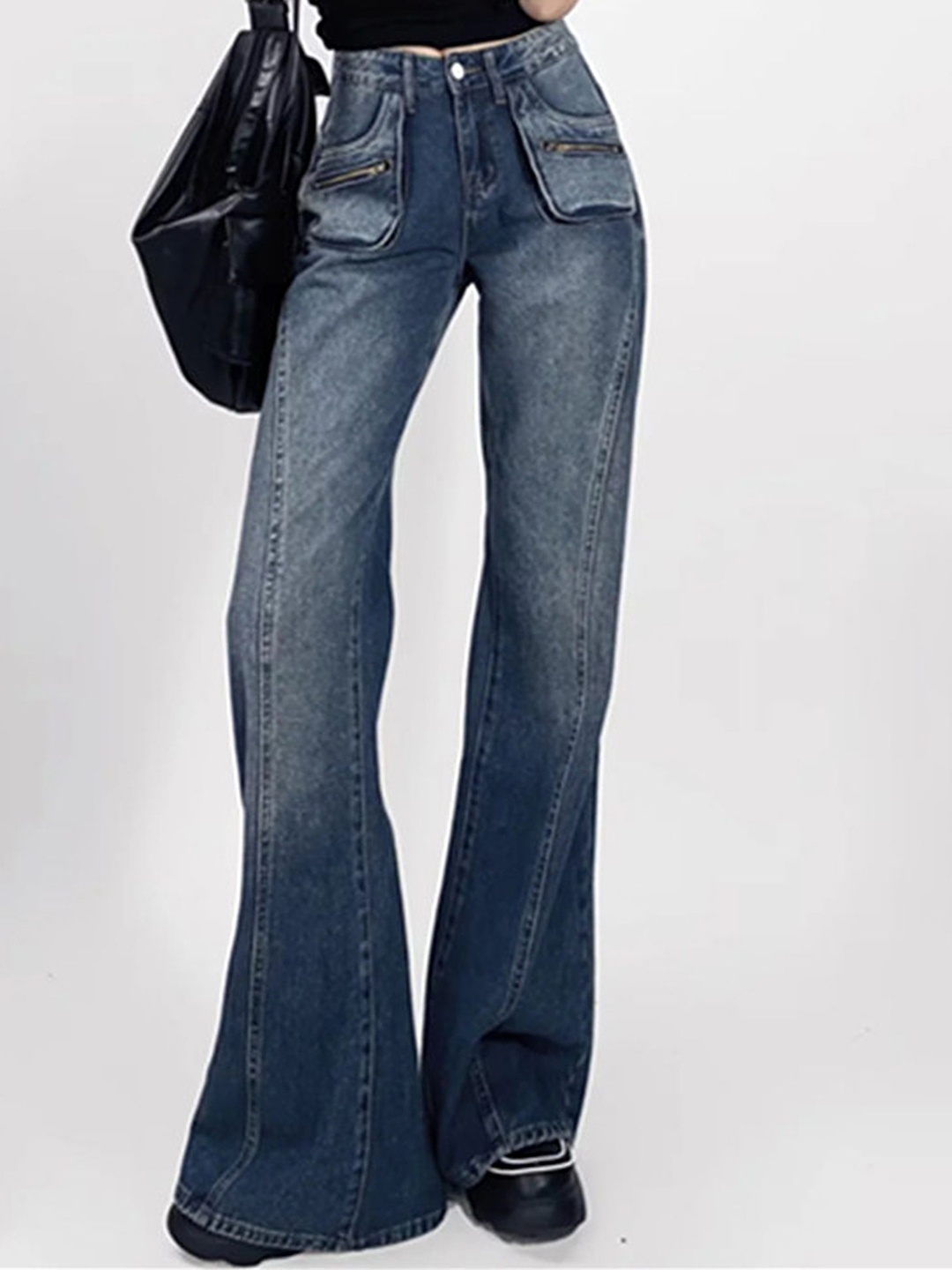 

LULU & SKY Women Flared Low-Rise Low Distress Heavy Fade Jeans, Blue