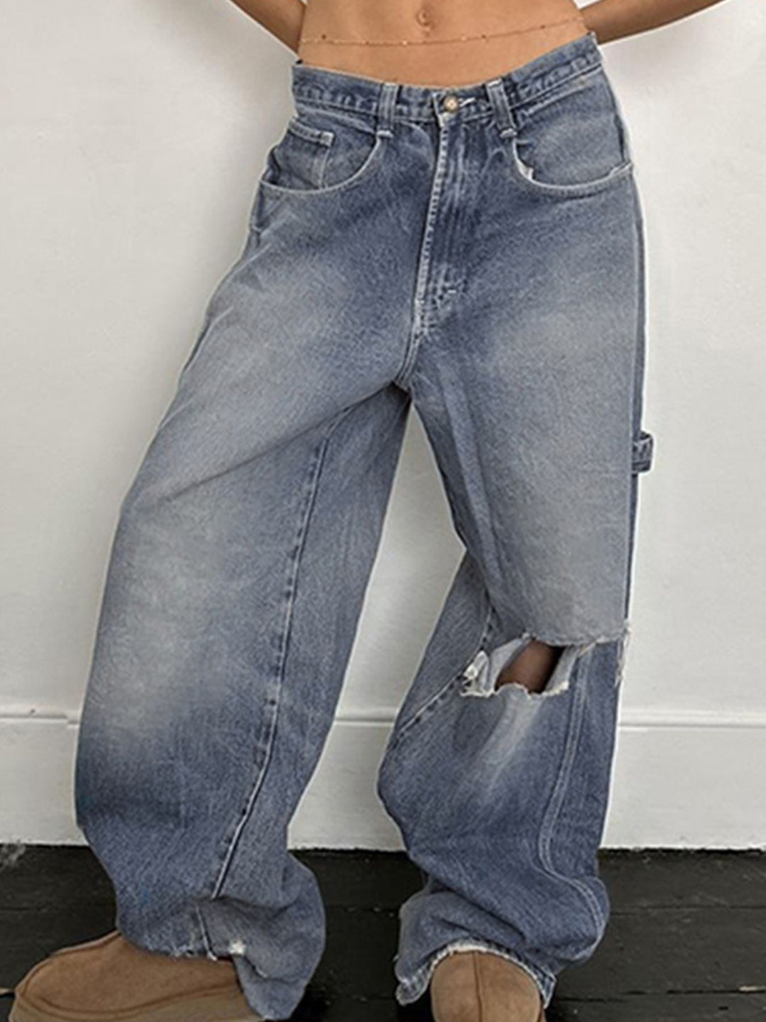 

LULU & SKY Women Straight Fit High-Rise Slash Knee Heavy Fade Jeans, Blue