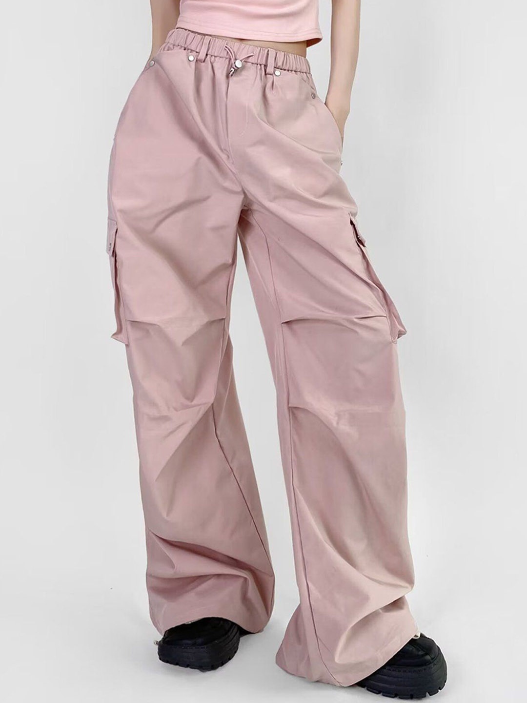 

LULU & SKY Women Loose Fit High-Rise Pleated Cargos Trousers, Pink