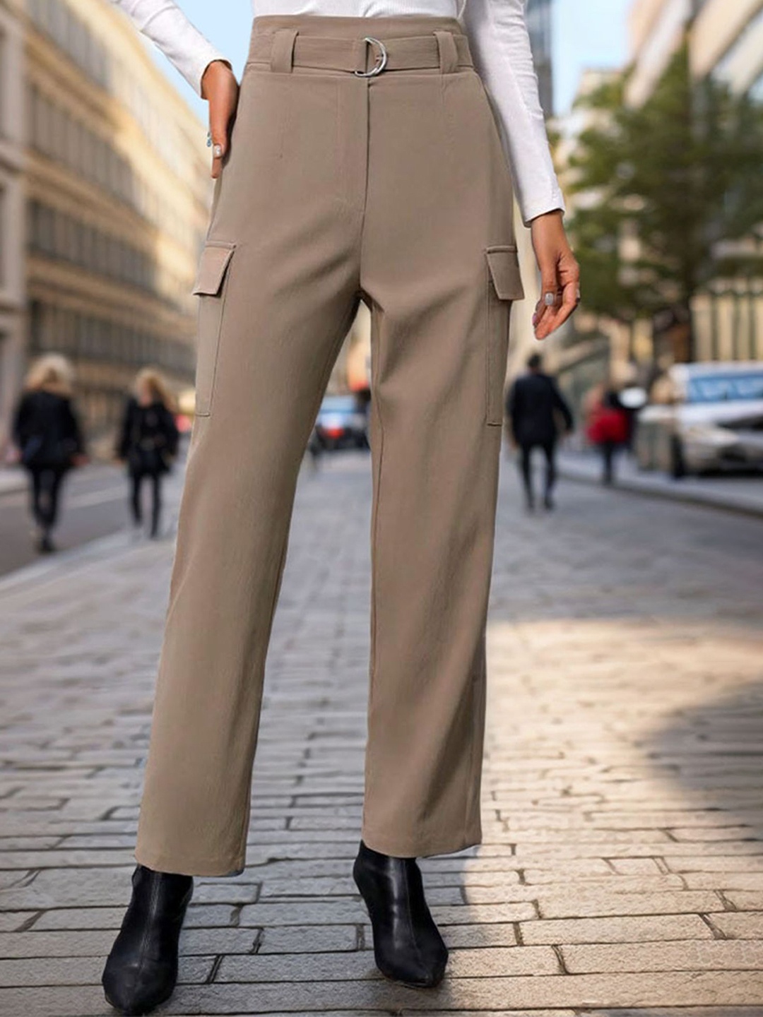 

LULU & SKY Women Solid Tapered Fit Mid-Rise Regular Trousers, Khaki