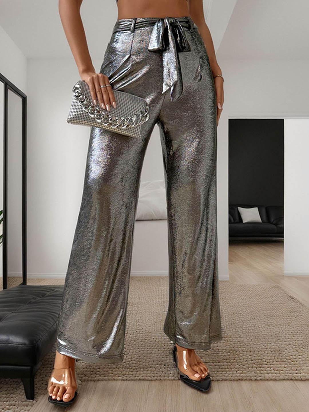 

LULU & SKY Women Flared Fit High-Rise Pleated Trousers, Silver