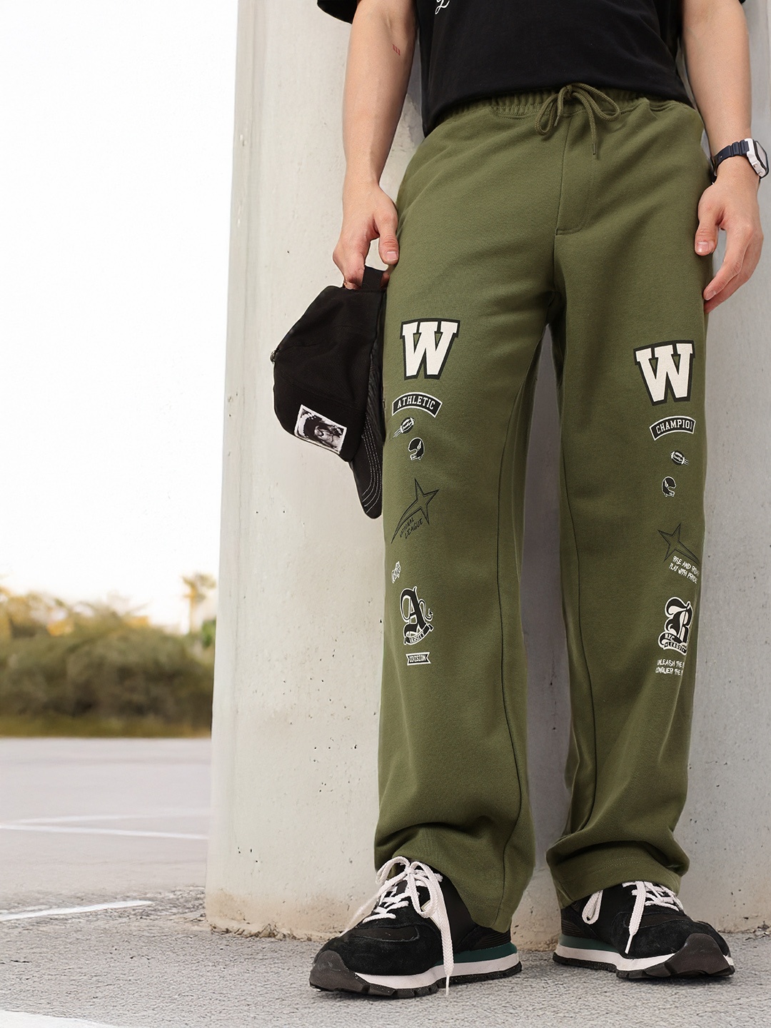 

Kook N Keech Men Subculture Swag Baggy Fit Printed Cotton Terry Track Pants, Olive