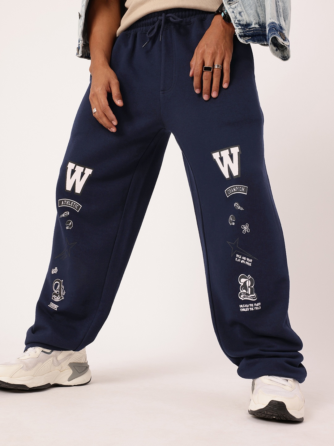 

Kook N Keech Men Modern Street Essential Printed Relaxed Fit Cotton Terry Track Pants, Navy blue