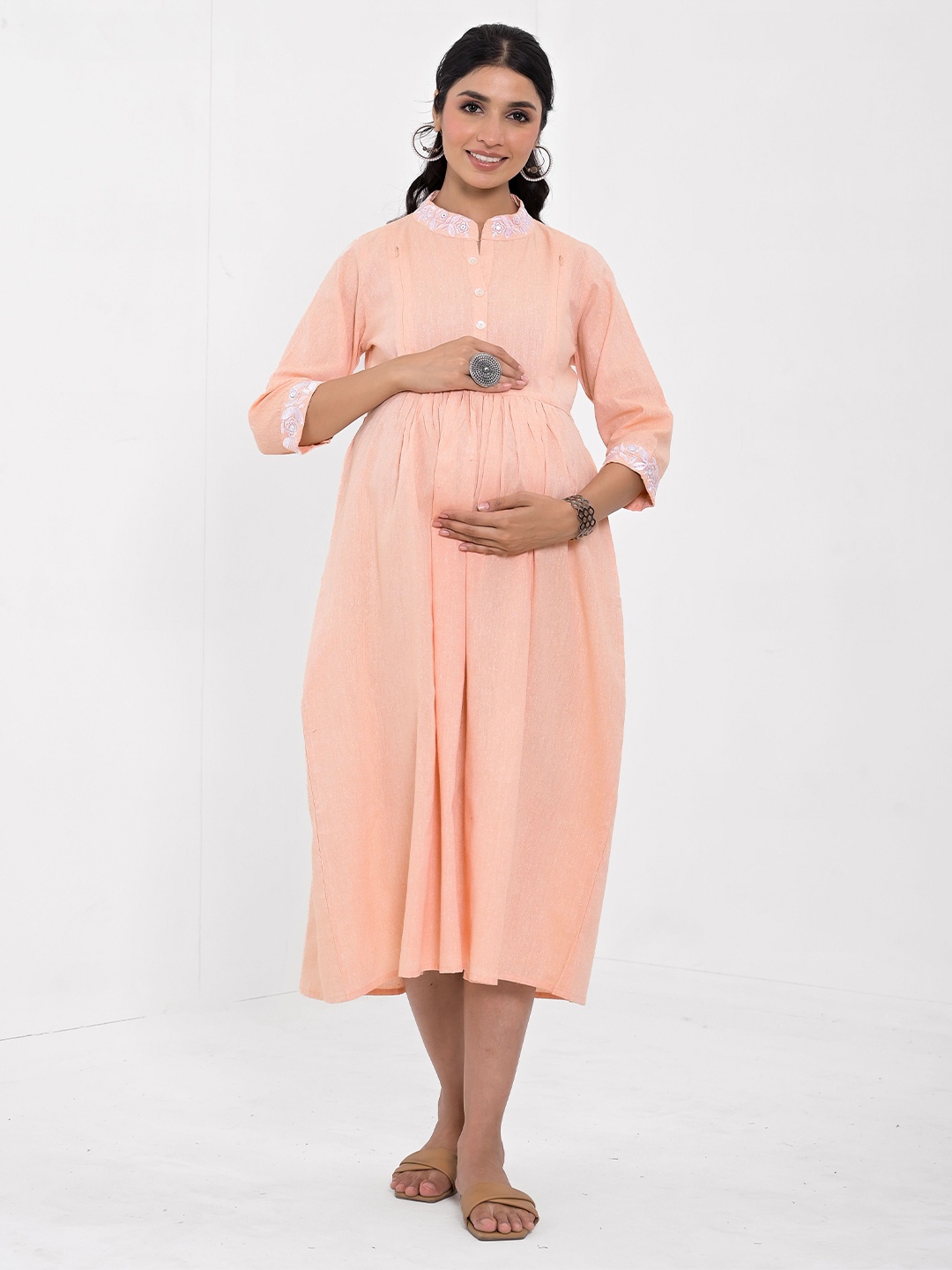

Negen Embroidered Cotton Maternity Fit and Flare Midi Dress, Peach
