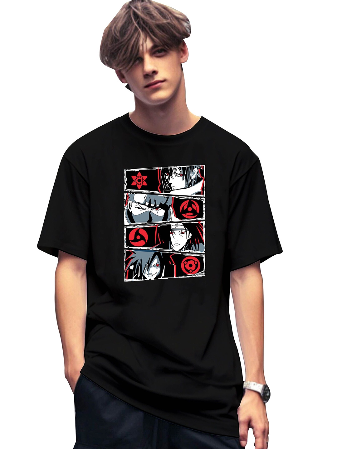 BAESD Boys Anime Printed Round Neck Oversized T-shirt, Black