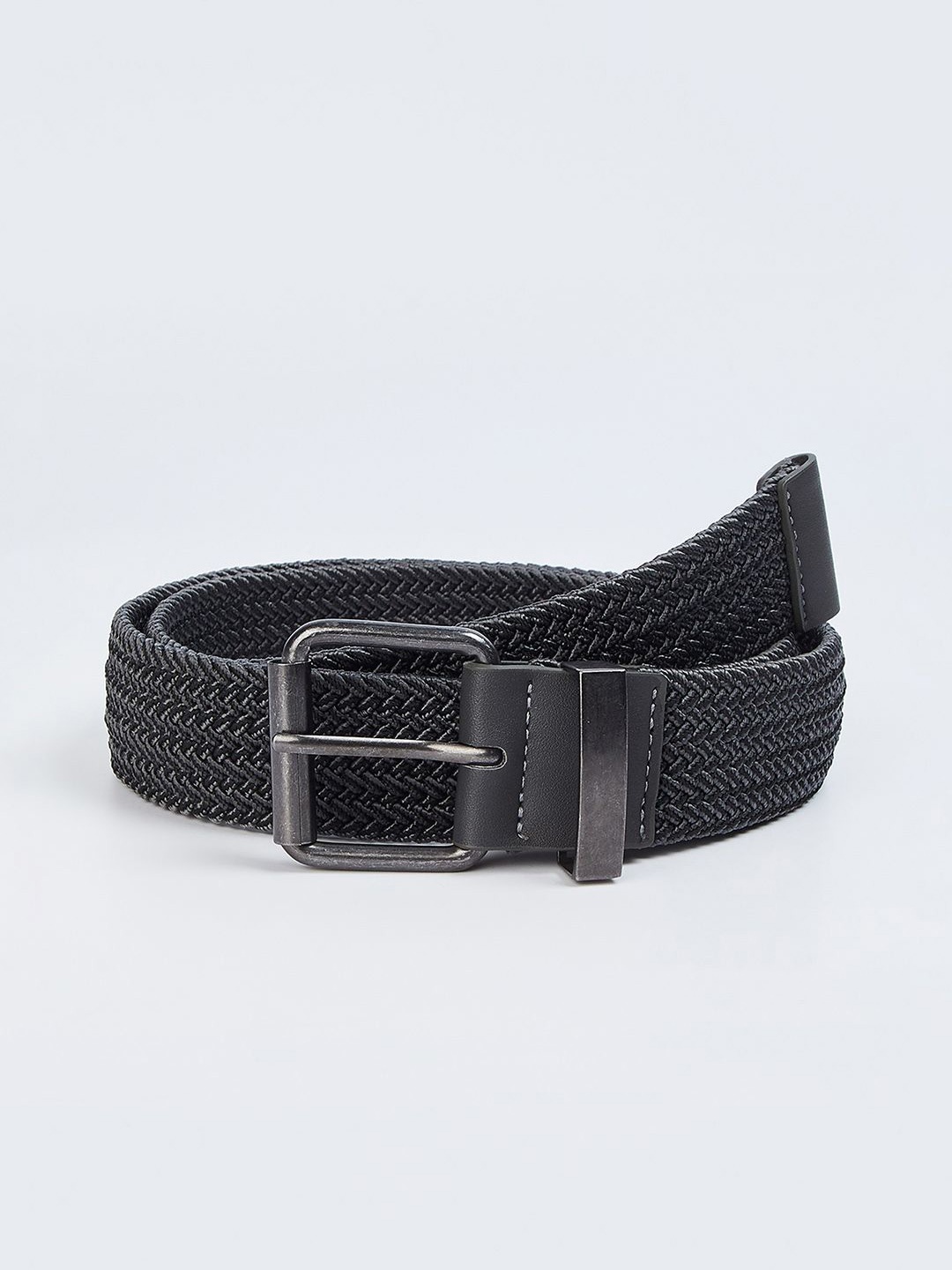 

max Men Braided Tang Leather Belt, Black