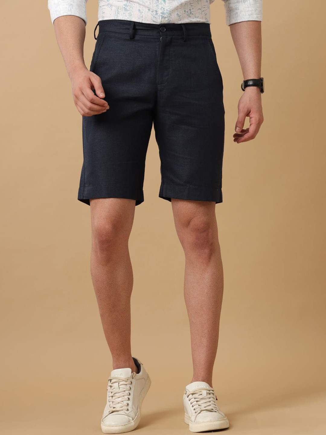 

Linen Club Men Solid Slim Fit Outdoor Mid-Rise knee length Chino Shorts, Blue